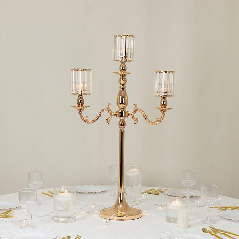 34 in tall 3-Arm Gold Metal Candle Holder with Crystal Pendant Glass Shades