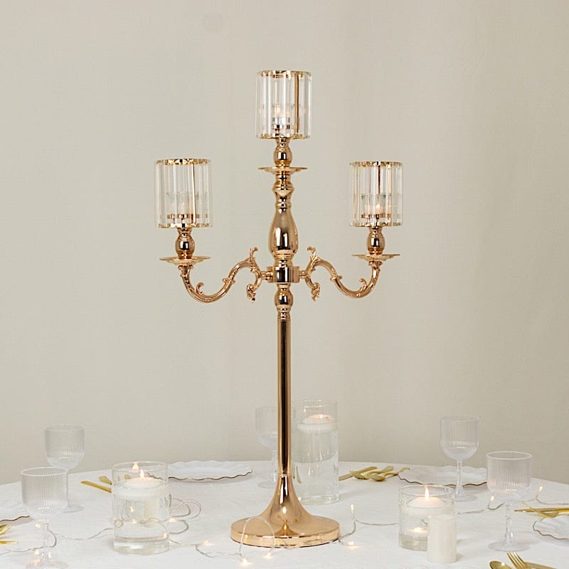 34 in tall 3-Arm Gold Metal Candle Holder with Crystal Pendant Glass Shades