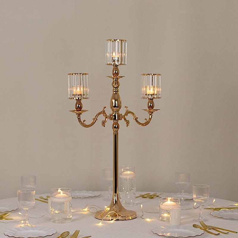 34 in tall 3-Arm Gold Metal Candle Holder with Crystal Pendant Glass Shades