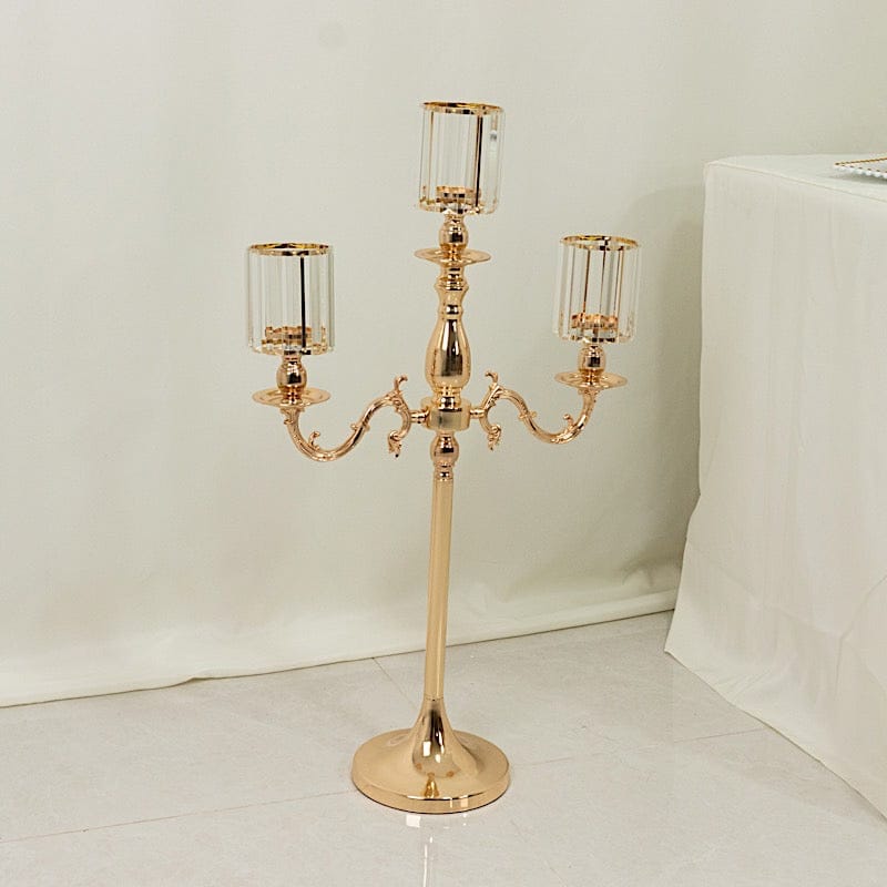 34 in tall 3-Arm Gold Metal Candle Holder with Crystal Pendant Glass Shades