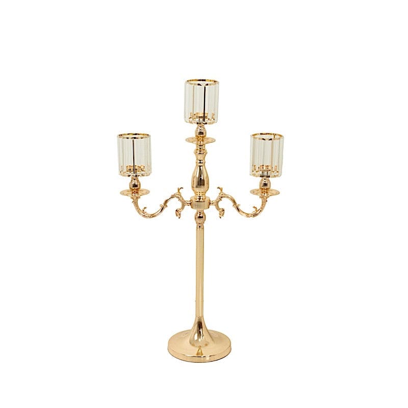 34 in tall 3-Arm Gold Metal Candle Holder with Crystal Pendant Glass Shades