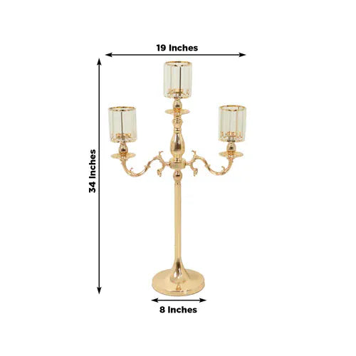 34 in tall 3-Arm Gold Metal Candle Holder with Crystal Pendant Glass Shades
