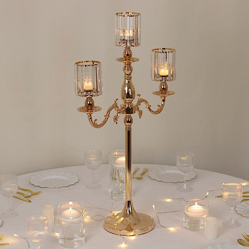 34 in tall 3-Arm Gold Metal Candle Holder with Crystal Pendant Glass Shades