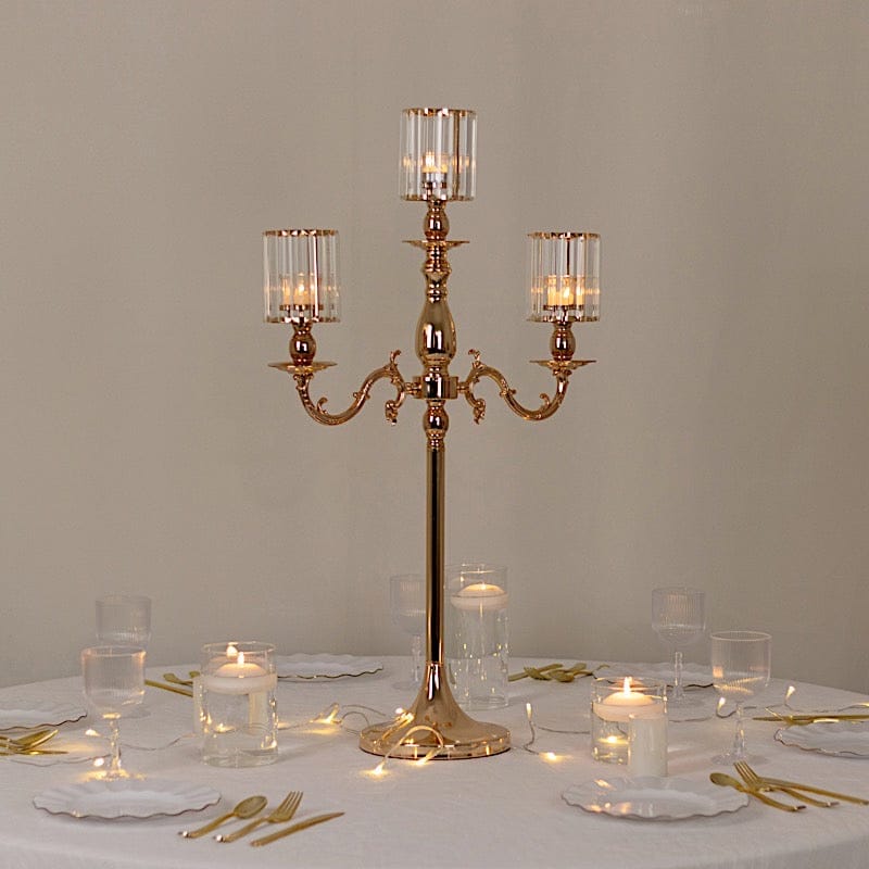 34 in tall 3-Arm Gold Metal Candle Holder with Crystal Pendant Glass Shades