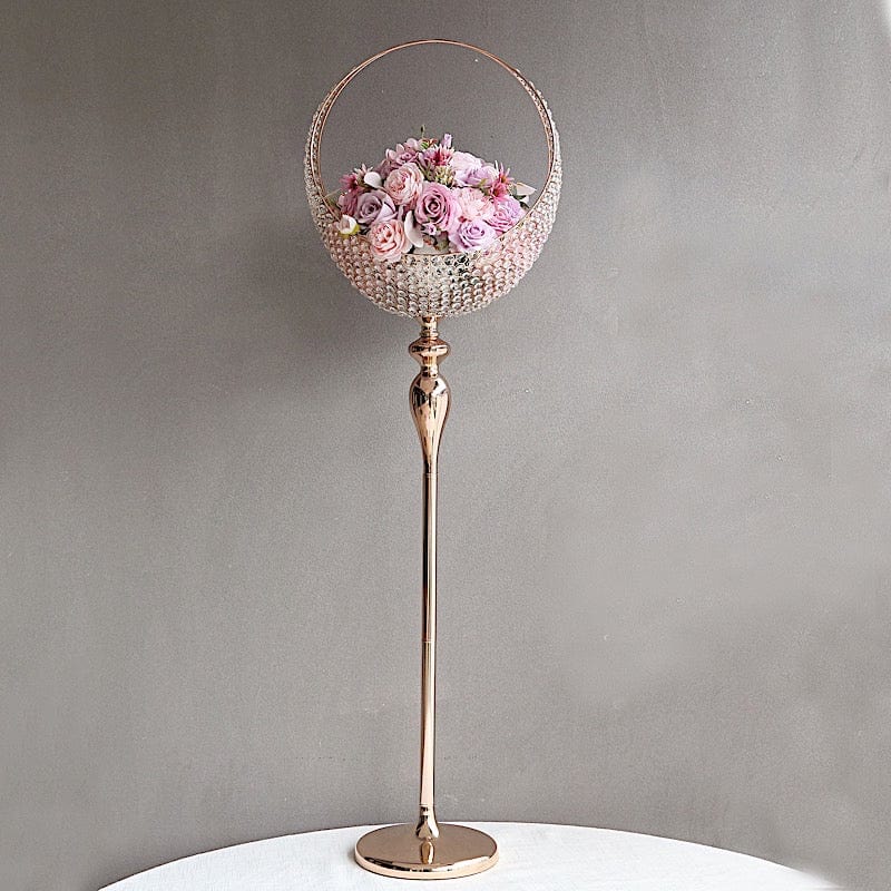 4.5 feet Gold Crystal Beaded Metal Candle Holder Stand in Half Moon Basket Design