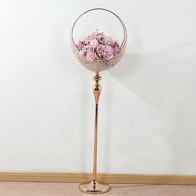 4.5 feet Gold Crystal Beaded Metal Candle Holder Stand in Half Moon Basket Design