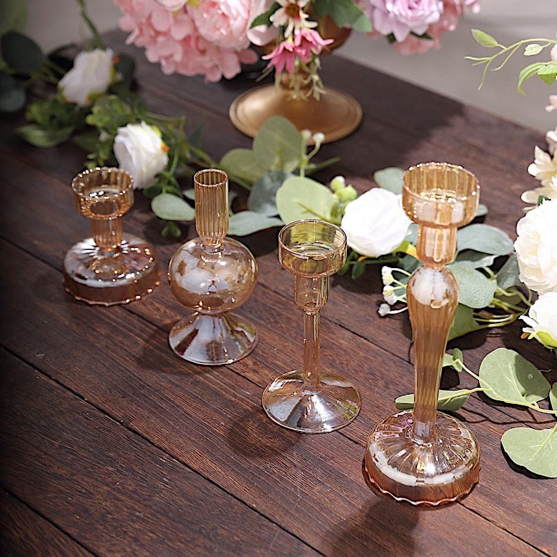 4 Gold Assorted Lined Crystal Glass Tea Light and Taper Candle Holders