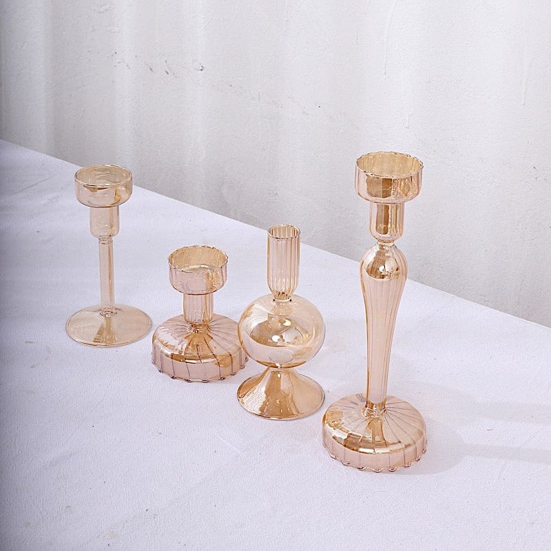4 Gold Assorted Lined Crystal Glass Tea Light and Taper Candle Holders