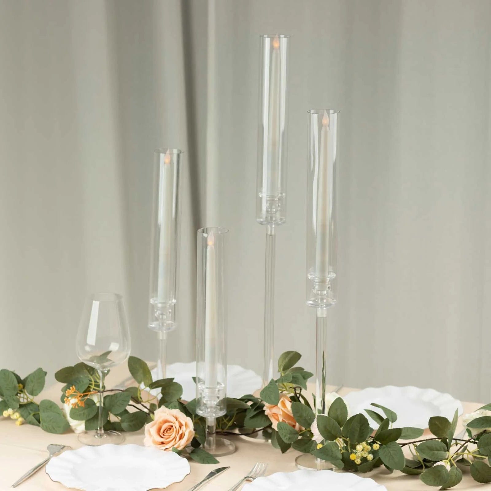 4 Clear Acrylic Hurricane Taper Candle Holders with Cylinder Shades