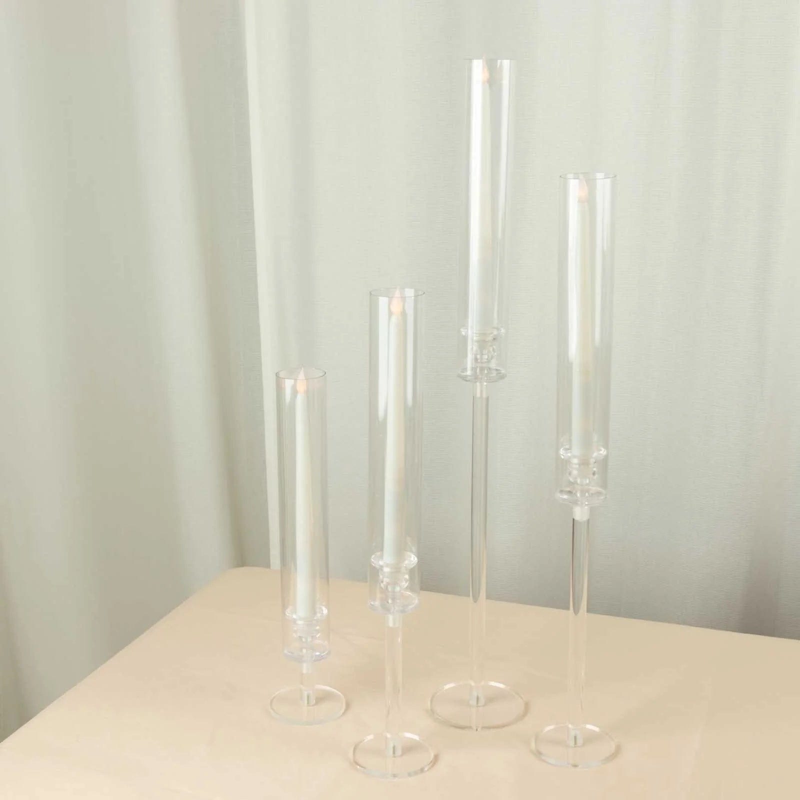 4 Clear Acrylic Hurricane Taper Candle Holders with Cylinder Shades