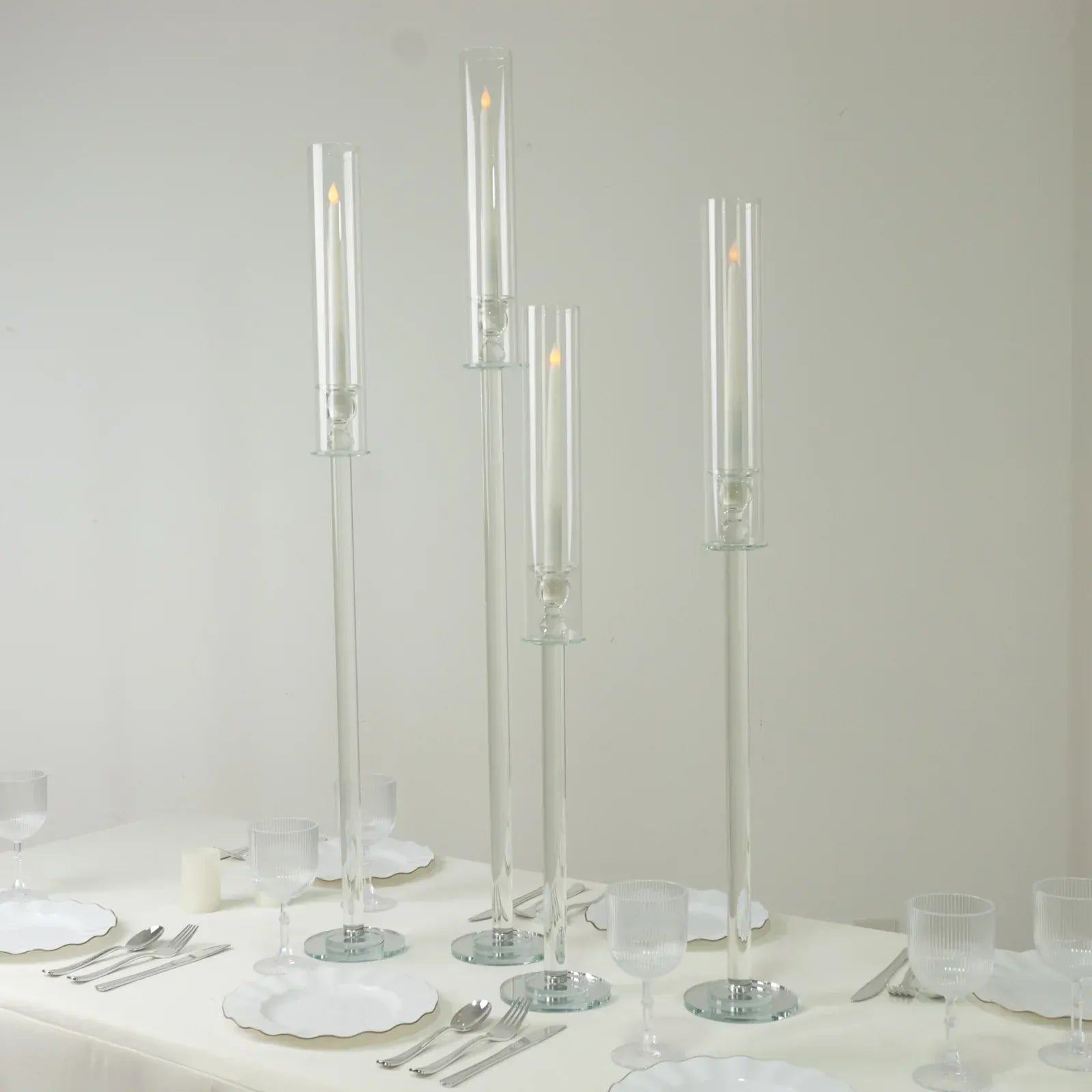 4 Clear Crystal Glass Hurricane Taper Candle Holders with Chimney Tubes