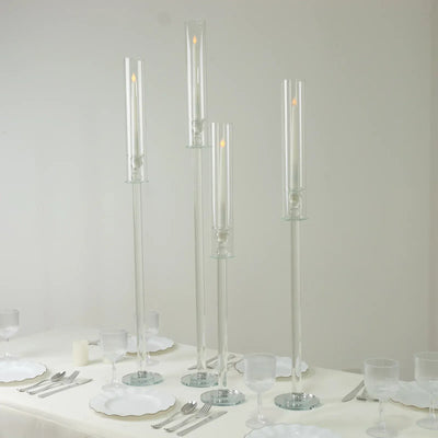 4 Clear Crystal Glass Hurricane Taper Candle Holders with Chimney Tubes