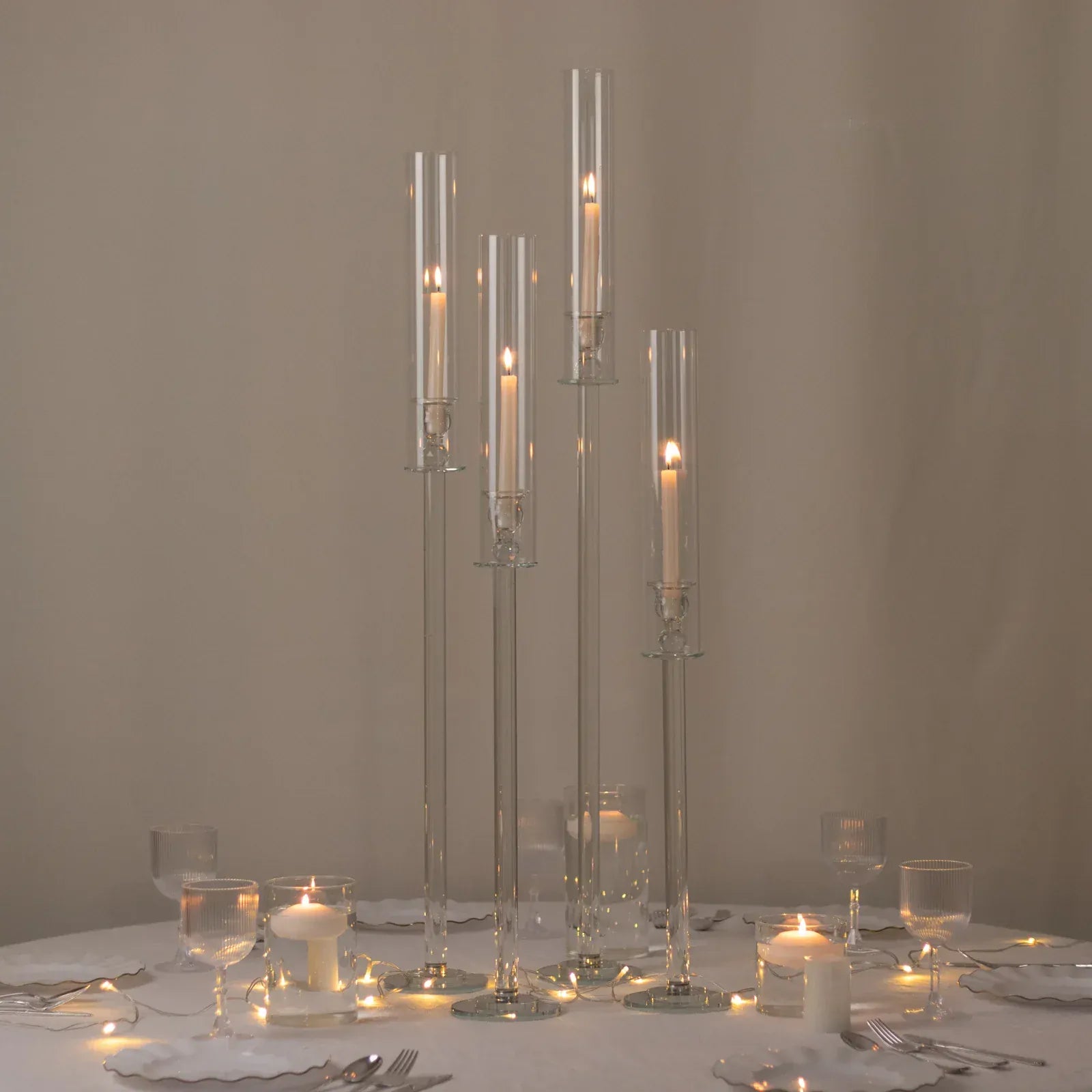4 Clear Crystal Glass Hurricane Taper Candle Holders with Chimney Tubes