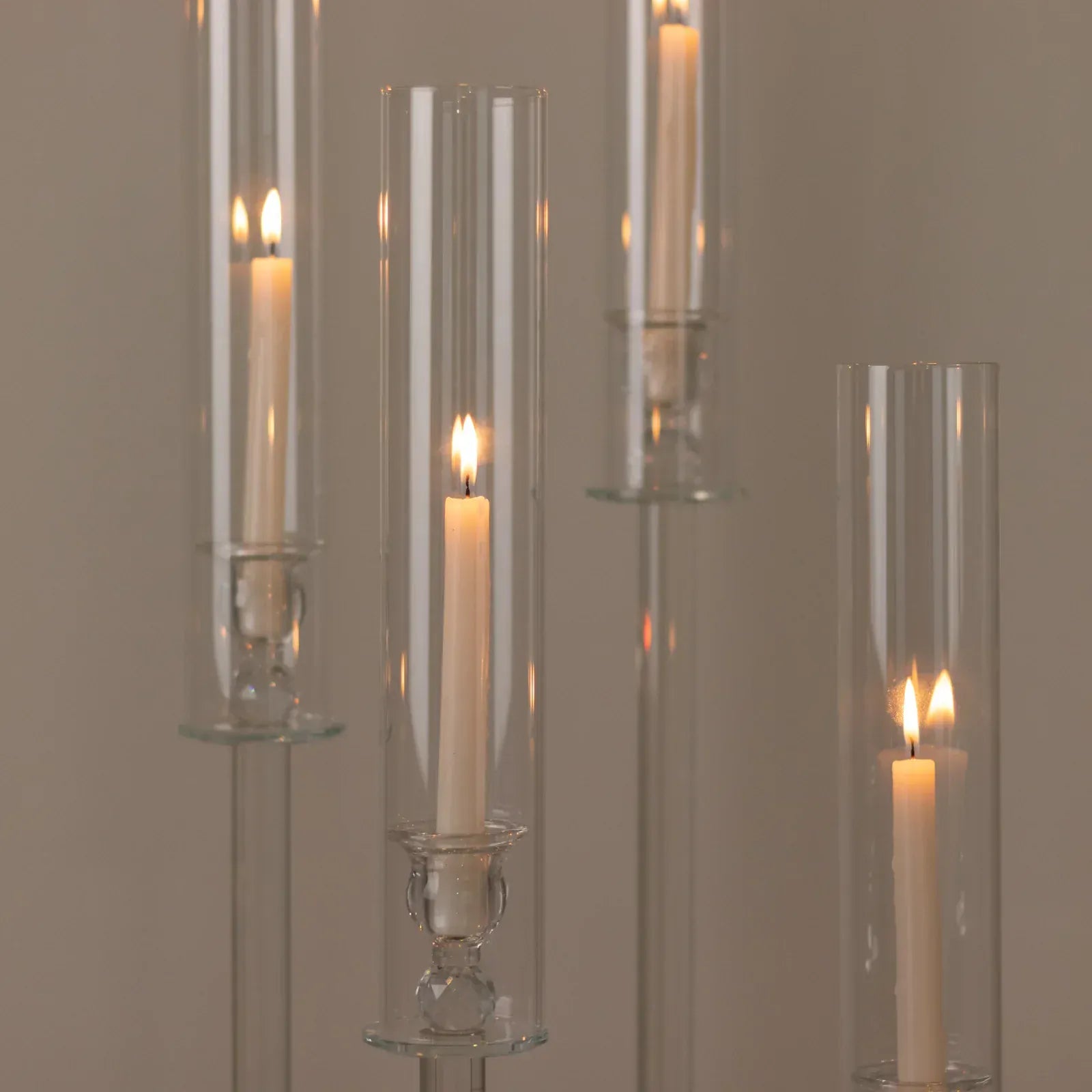 4 Clear Crystal Glass Hurricane Taper Candle Holders with Chimney Tubes