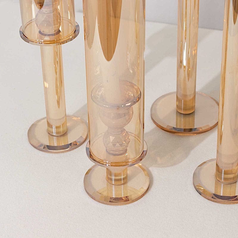 4 Crystal Glass Hurricane Taper Candle Holders with Cylinder Shades
