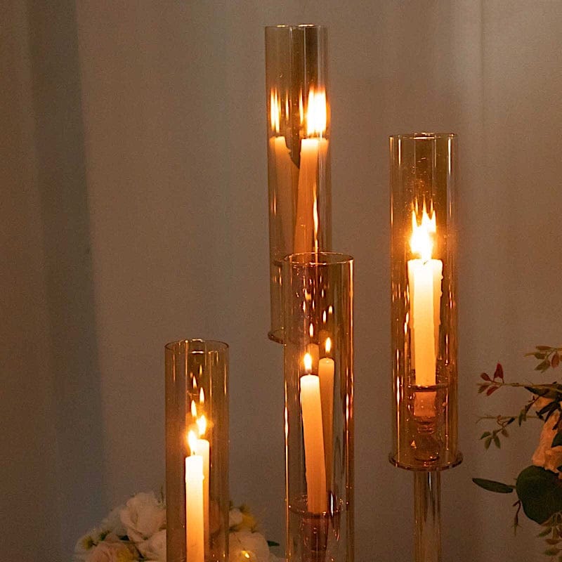 4 Crystal Glass Hurricane Taper Candle Holders with Cylinder Shades