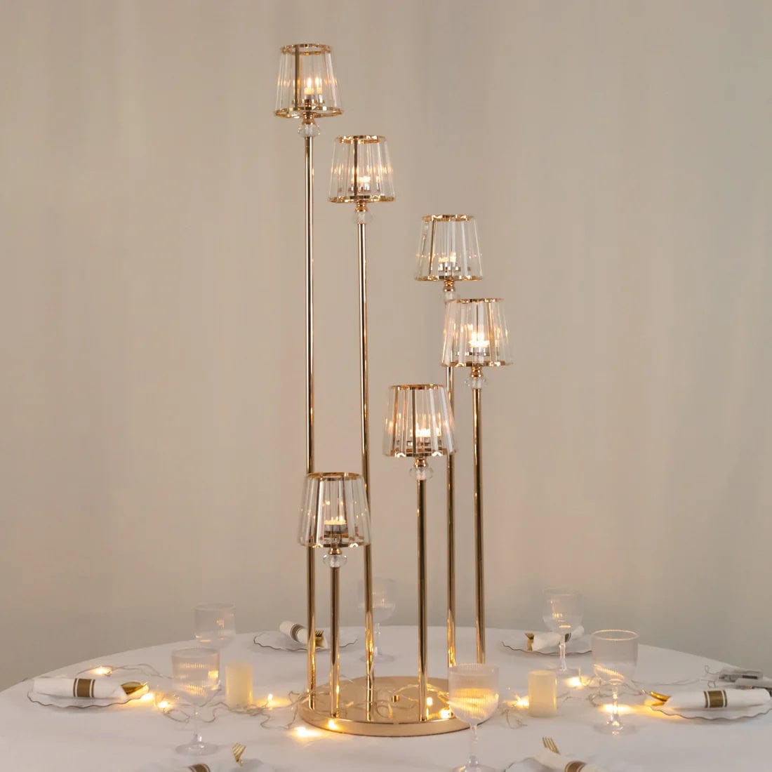 4 feet Gold 6 Arm Round Crystal Pendant Candelabra Tealight Candle Holder