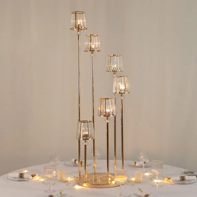 4 feet Gold 6 Arm Round Crystal Pendant Candelabra Tealight Candle Holder