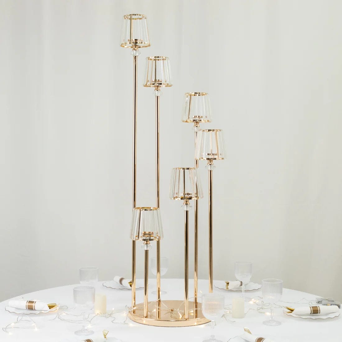 4 feet Gold 6 Arm Round Crystal Pendant Candelabra Tealight Candle Holder