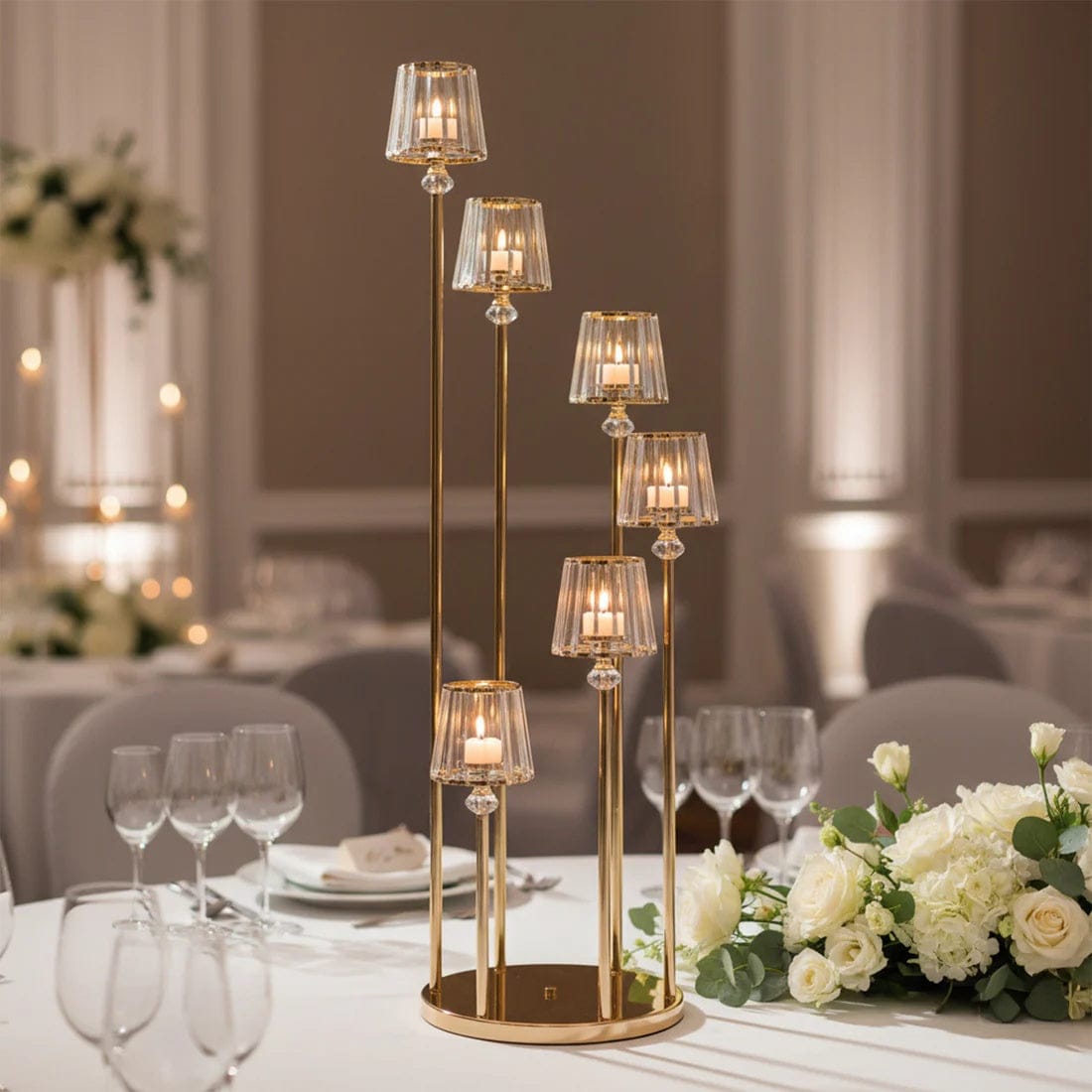 4 feet Gold 6 Arm Round Crystal Pendant Candelabra Tealight Candle Holder