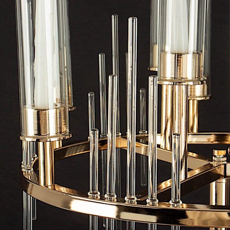 40 in Gold 9 Arm Round Metal Candelabra Taper Candle Holder with Clear Glass Shades