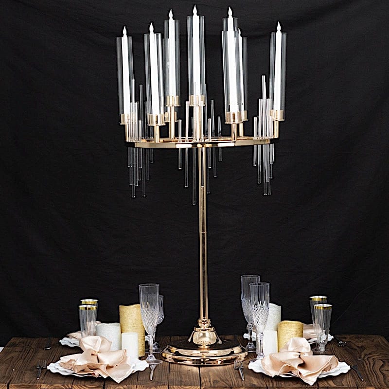 40 in Gold 9 Arm Round Metal Candelabra Taper Candle Holder with Clear Glass Shades