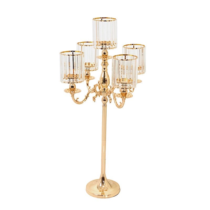 40 in tall 5-Arm Gold Metal Candle Holder with Crystal Pendant Glass Shades
