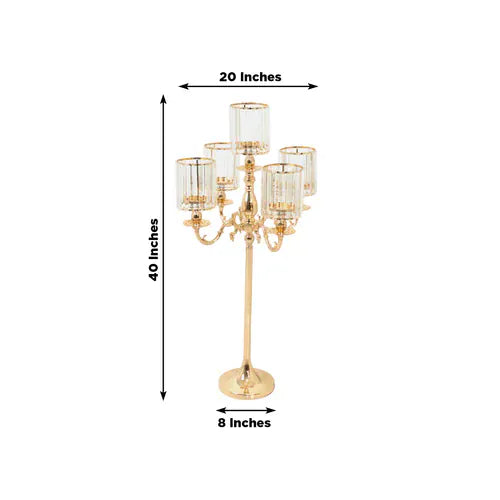 40 in tall 5-Arm Gold Metal Candle Holder with Crystal Pendant Glass Shades