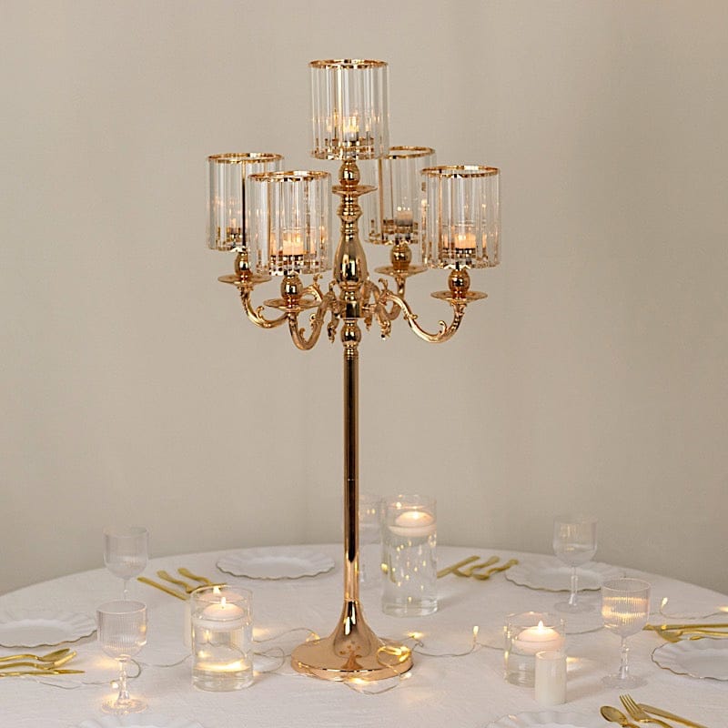 40 in tall 5-Arm Gold Metal Candle Holder with Crystal Pendant Glass Shades