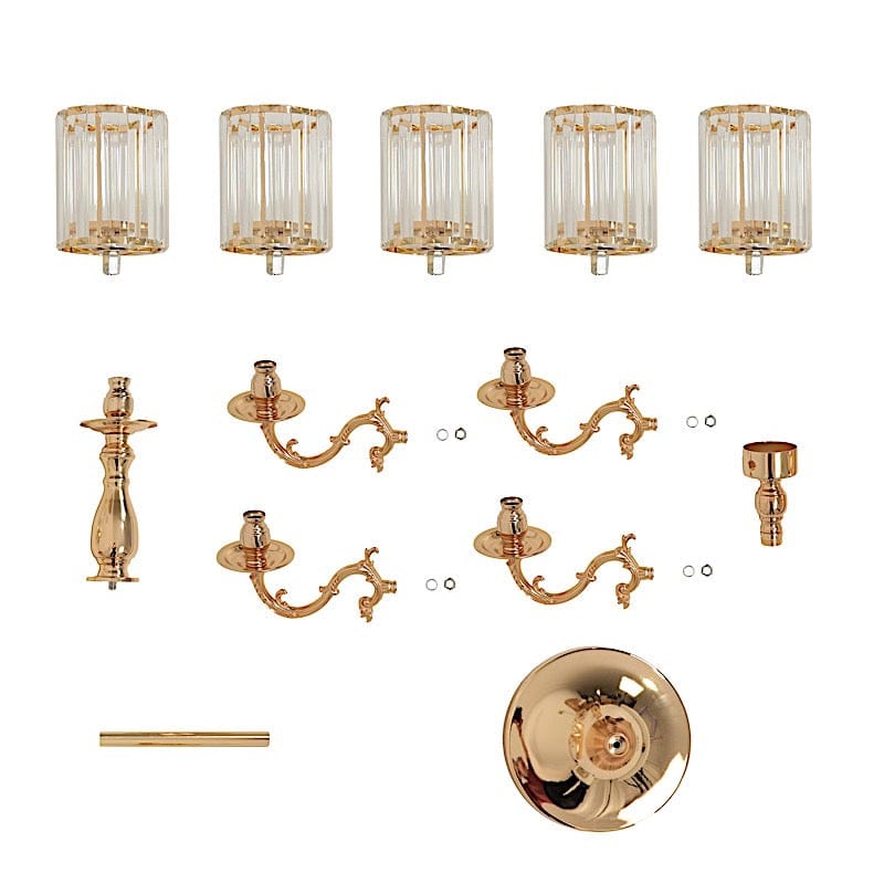 40 in tall 5-Arm Gold Metal Candle Holder with Crystal Pendant Glass Shades