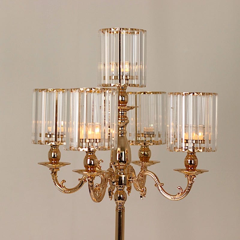 40 in tall 5-Arm Gold Metal Candle Holder with Crystal Pendant Glass Shades