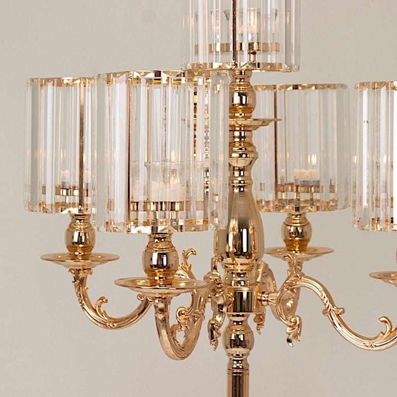 40 in tall 5-Arm Gold Metal Candle Holder with Crystal Pendant Glass Shades