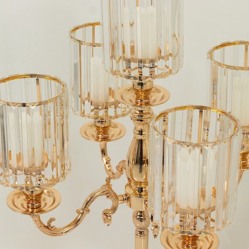 40 in tall 5-Arm Gold Metal Candle Holder with Crystal Pendant Glass Shades
