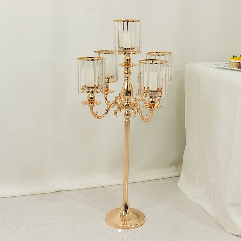 40 in tall 5-Arm Gold Metal Candle Holder with Crystal Pendant Glass Shades