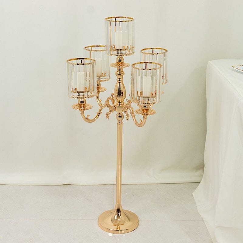 40 in tall 5-Arm Gold Metal Candle Holder with Crystal Pendant Glass Shades