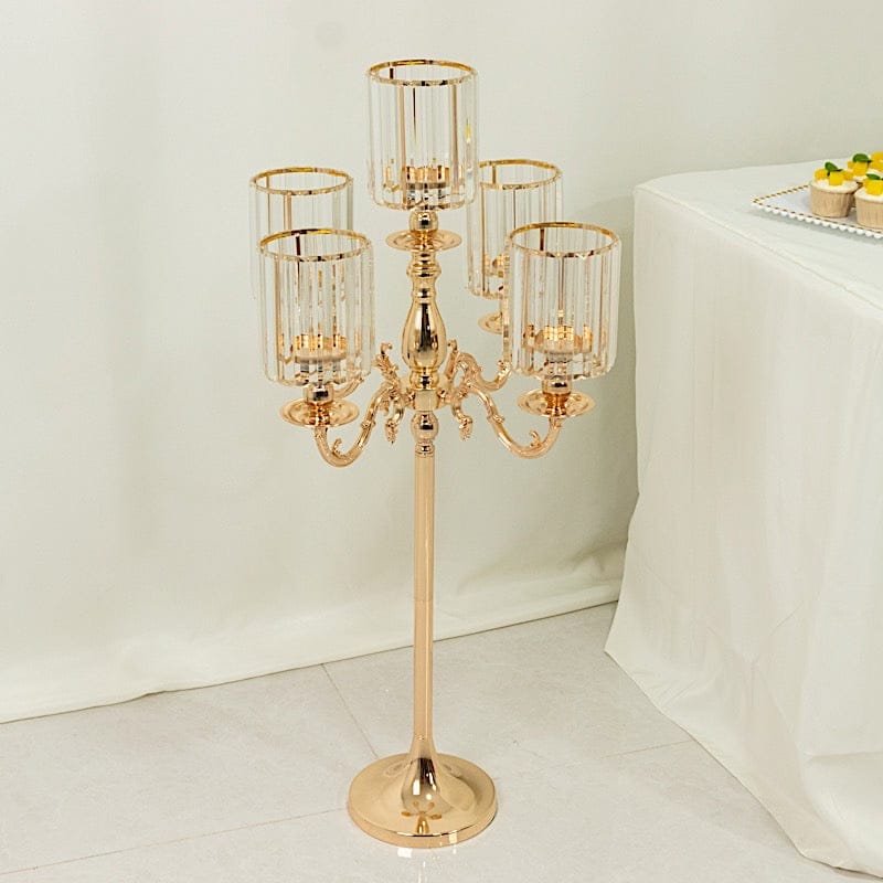 40 in tall 5-Arm Gold Metal Candle Holder with Crystal Pendant Glass Shades