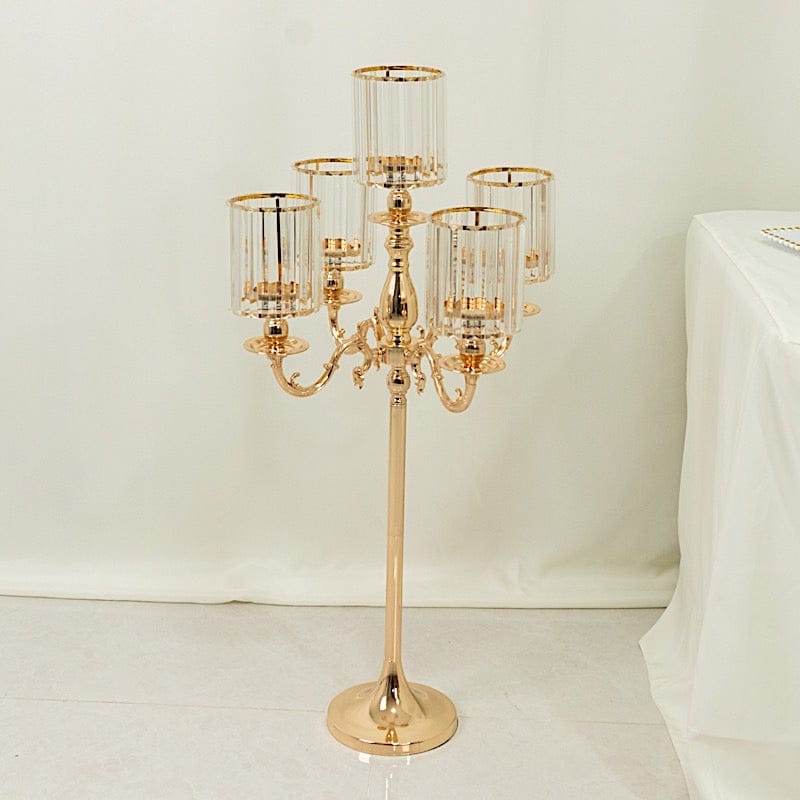 40 in tall 5-Arm Gold Metal Candle Holder with Crystal Pendant Glass Shades