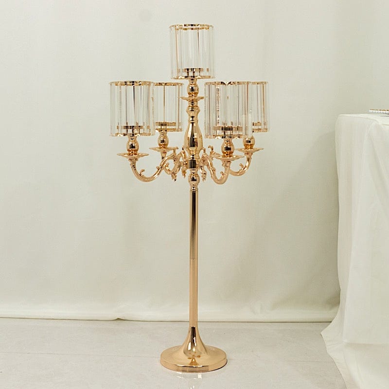 40 in tall 5-Arm Gold Metal Candle Holder with Crystal Pendant Glass Shades