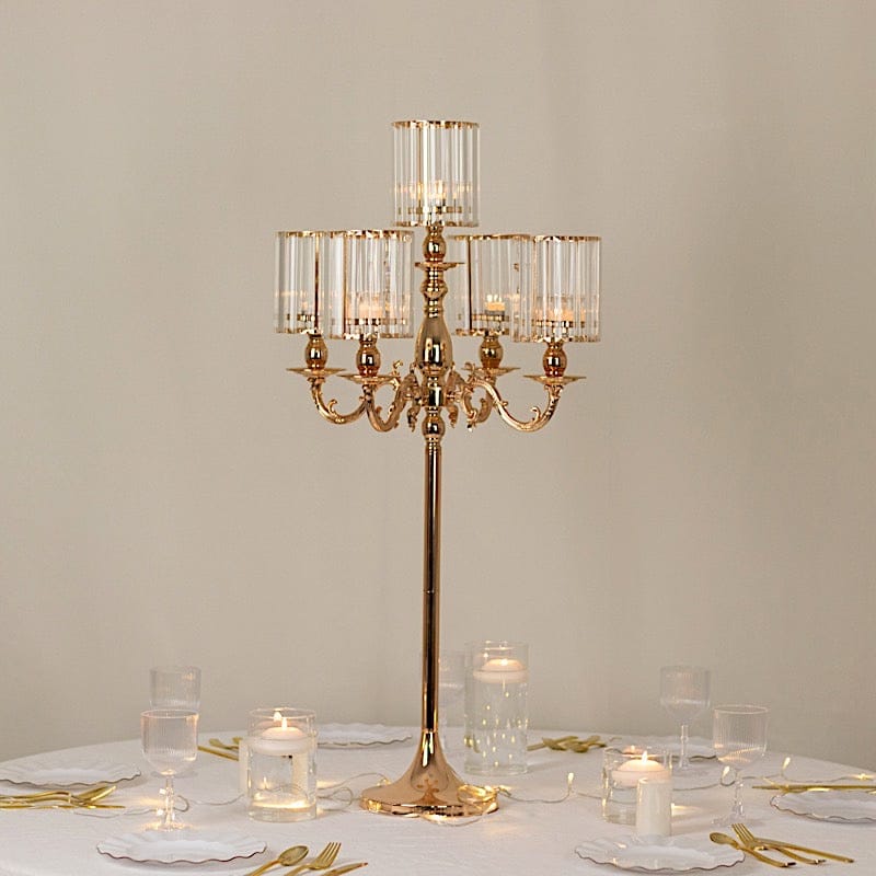 40 in tall 5-Arm Gold Metal Candle Holder with Crystal Pendant Glass Shades