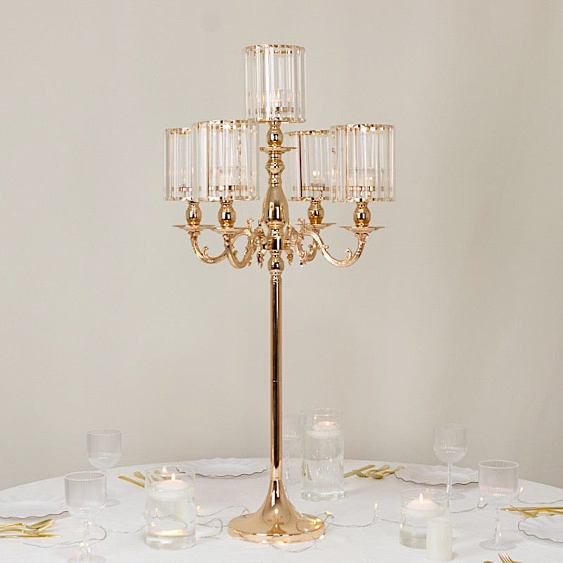 40 in tall 5-Arm Gold Metal Candle Holder with Crystal Pendant Glass Shades