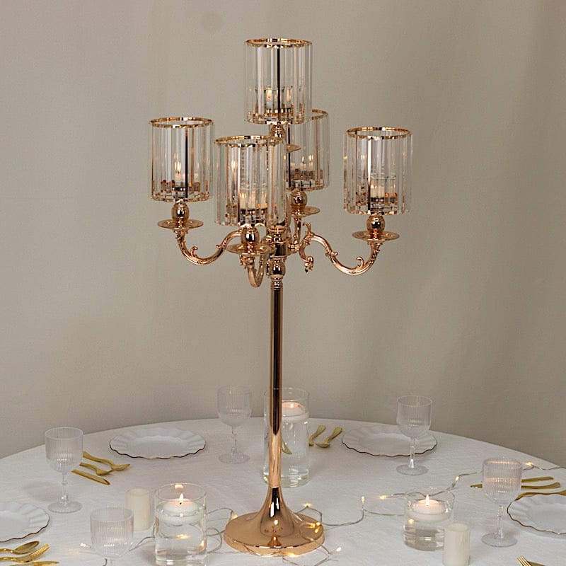 40 in tall 5-Arm Gold Metal Candle Holder with Crystal Pendant Glass Shades