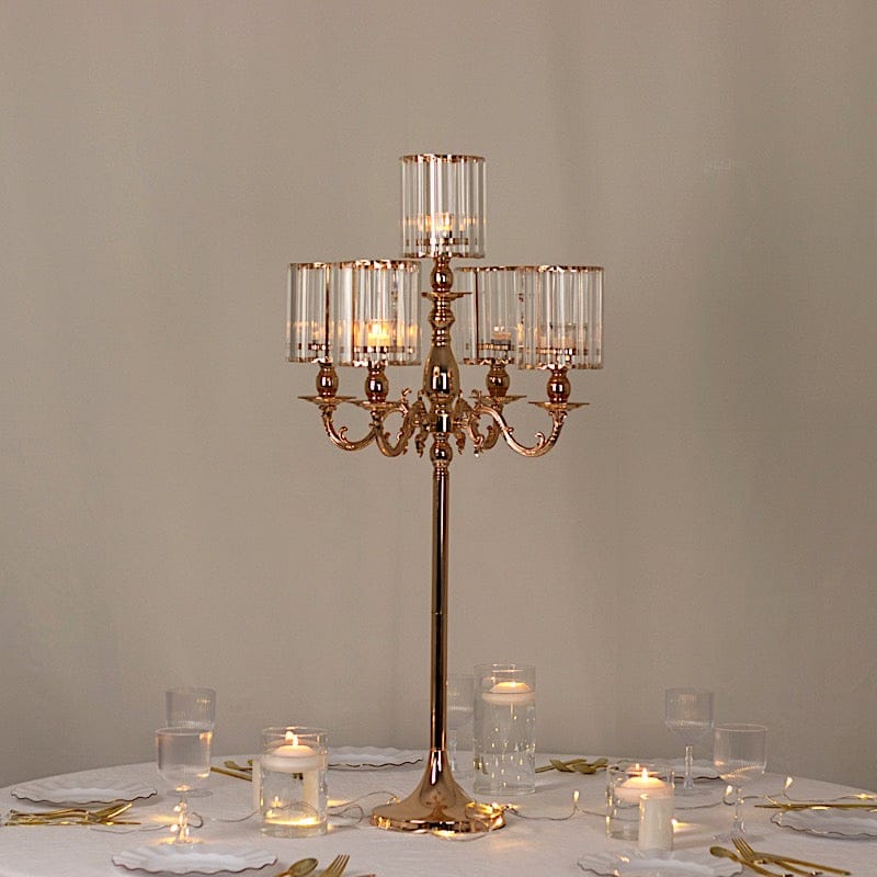 40 in tall 5-Arm Gold Metal Candle Holder with Crystal Pendant Glass Shades