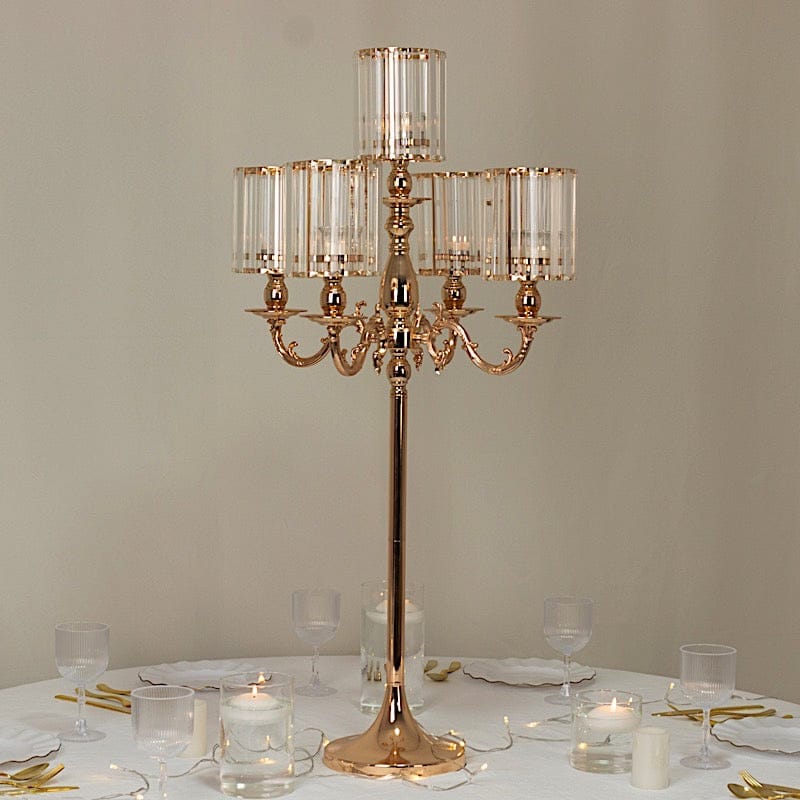 40 in tall 5-Arm Gold Metal Candle Holder with Crystal Pendant Glass Shades