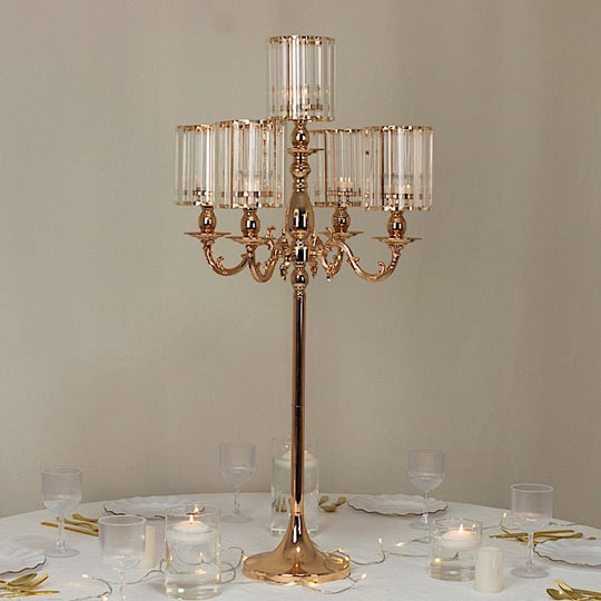 40 in tall 5-Arm Gold Metal Candle Holder with Crystal Pendant Glass Shades