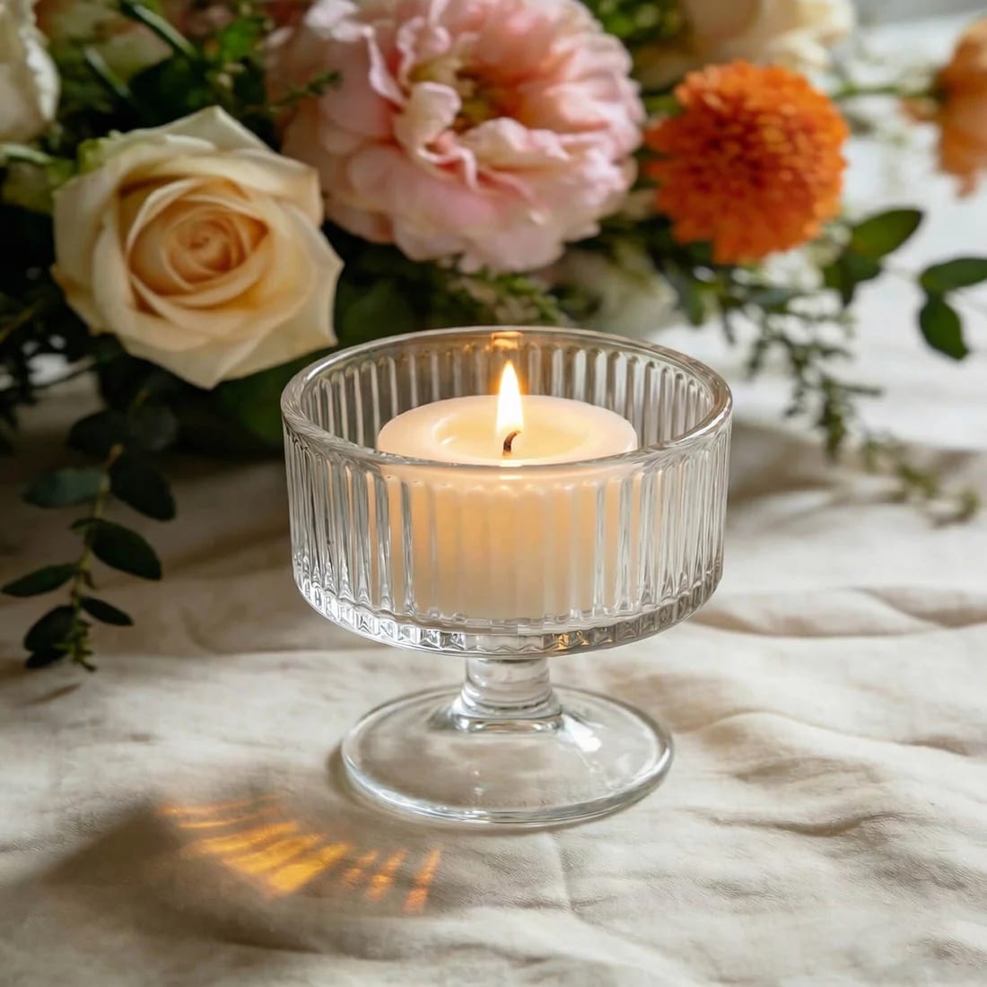 6 Clear 3 in Glass Candle Holders with Ribbed Vintage Coupe Design