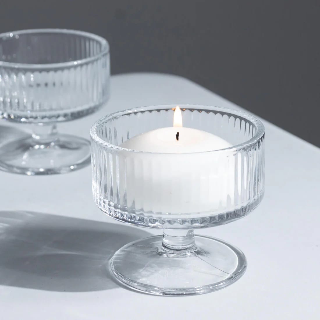 6 Clear 3 in Glass Candle Holders with Ribbed Vintage Coupe Design