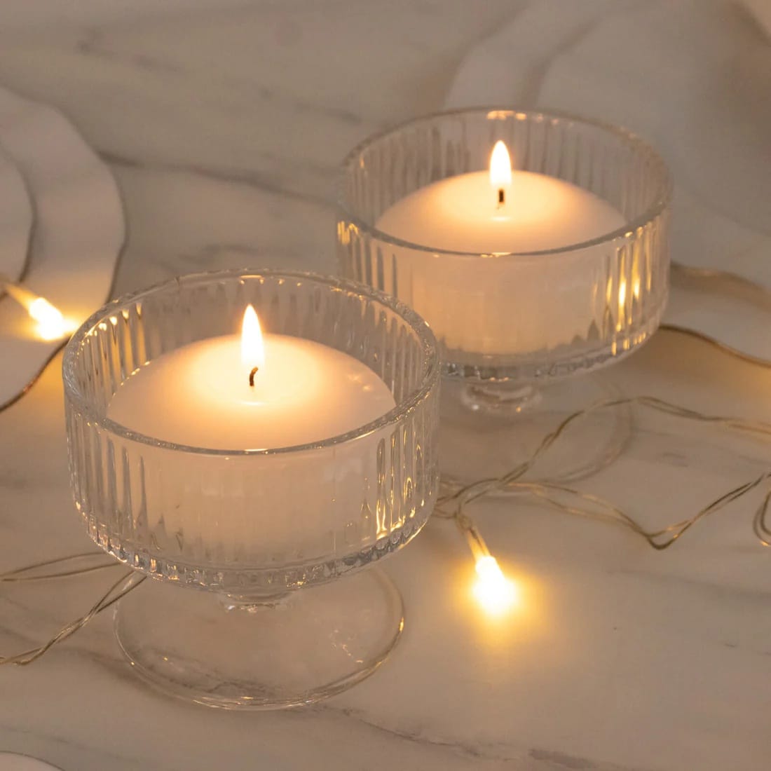 6 Clear 3 in Glass Candle Holders with Ribbed Vintage Coupe Design