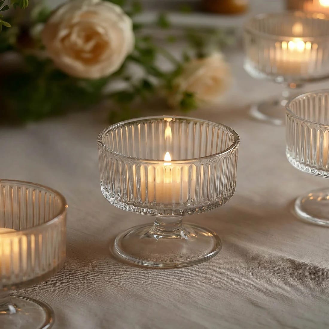 6 Clear 3 in Glass Candle Holders with Ribbed Vintage Coupe Design