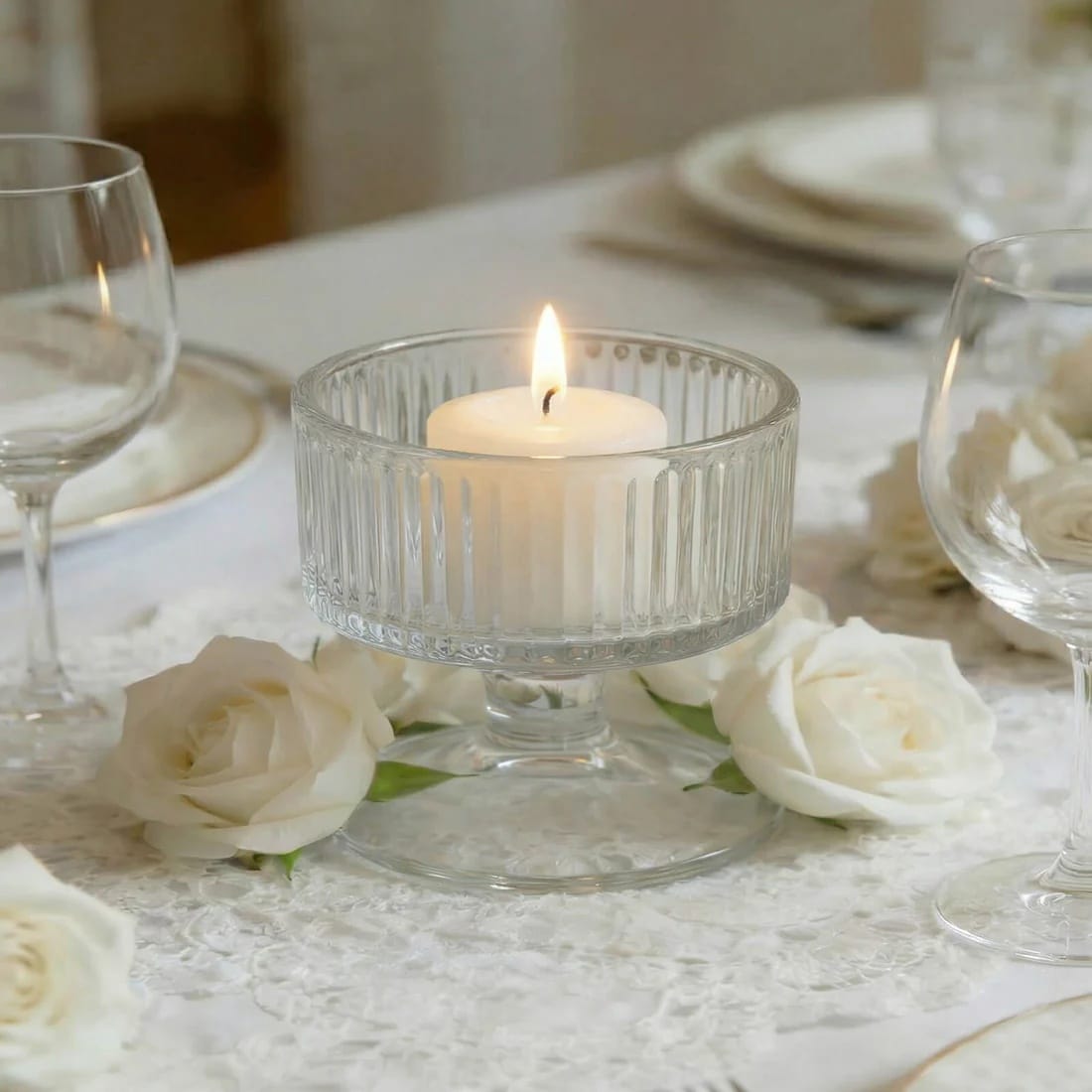 6 Clear 3 in Glass Candle Holders with Ribbed Vintage Coupe Design