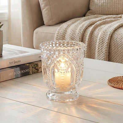 6 Clear 3 in Glass Candle Holders with Textured Vintage Design